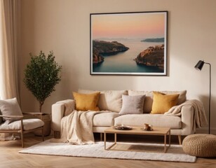 A sleek and stylish living room featuring minimalist decor, neutral tones