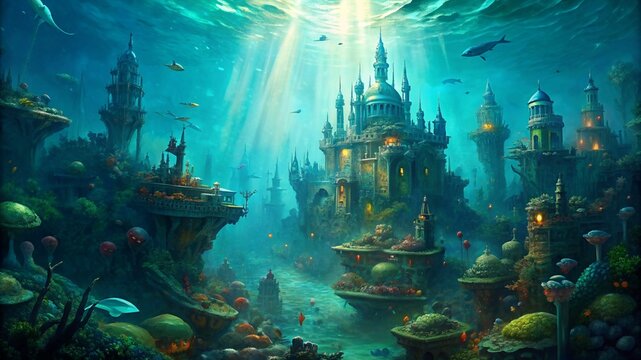 A bustling underwater city, populated by merfolk and other fantastical creatures. Generative AI.
