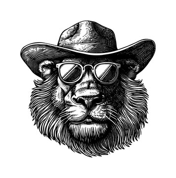 recommend clip art: lion, mafia sunglasses engraving black and white outline