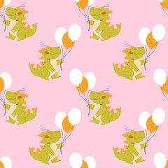 Childrens animals background. Seamless pattern with dinosaurs and balloons on a pink background