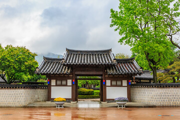 Korean traditional hanok doors, tiles, and stone walls