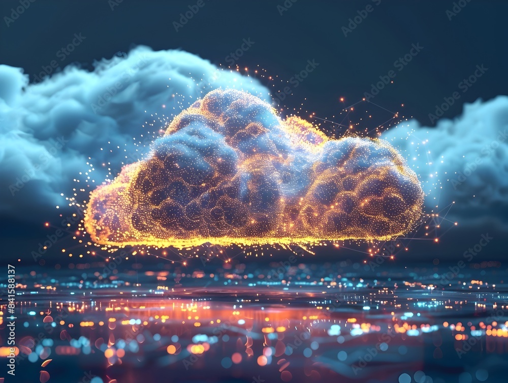 Poster dynamic cloud computing concept with flowing data and electricity