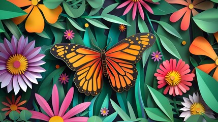 Vibrant Papercraft Butterfly Resting on Colorful Floral in Lush Garden Backdrop