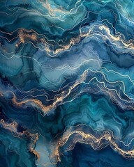 Obraz premium Abstract blue and gold marble pattern with flowing lines and shades of teal, creating an elegant and artistic textured background.