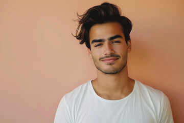 A close up portrait of a young man with a subtle smile