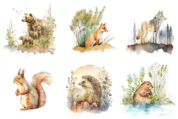 Obraz premium Woodland animals watercolor clipart. A mother bear with cubs, a fox, a wolf, a squirrel, a hedgehog and a beaver.Animals in their natural habitat.Set of watercolor images isolated on white background.