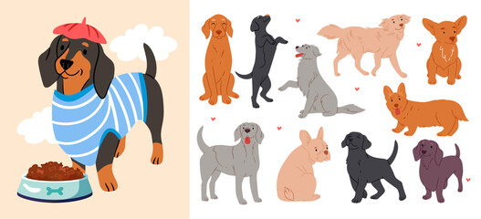 Hand drawn cute dog silhouette icons with illustration set