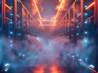 Glowing Cloud Server Room with Futuristic High Tech Architecture and Secure Computing Concept
