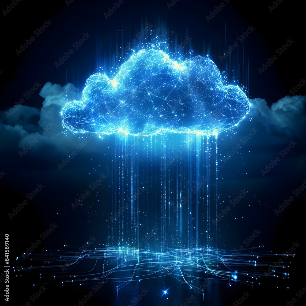 Poster futuristic cloud computing icons with glowing data flows representing innovation and digital transfo