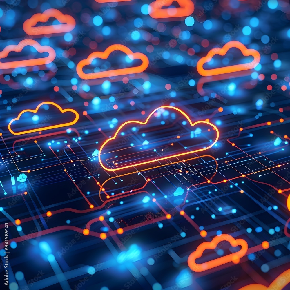 Poster futuristic cloud computing concept with dynamic data flowing through icons