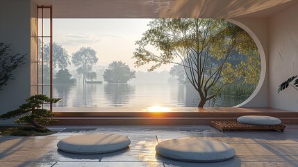 Fototapeta premium Serene minimalist room with large window overlooking peaceful lake during sunrise, showcasing nature's beauty and tranquility.