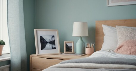 A serene and airy bedroom with light wooden furniture, soft pastel colors
