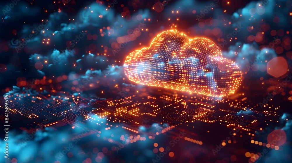 Poster vibrant futuristic cloud shape with glowing binary code symbolizing data storage and connectivity