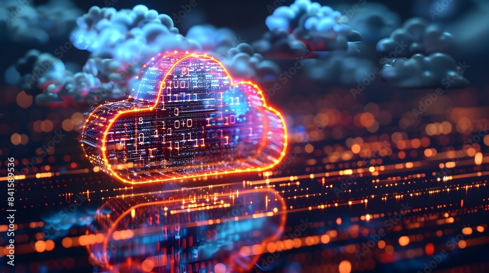 Poster futuristic cloud shaped binary data storage symbolizing innovative cloud computing