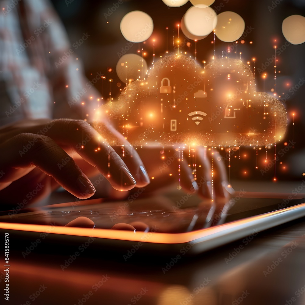 Poster hands typing on digital tablet with cloud icons seamless data access modern efficient cloud computin