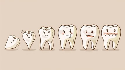 Cute illustration of teeth with different emotions showing dental health conditions.