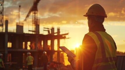 Warm sunset light floods a construction site where a diverse team of professionals use a tablet to review project progress