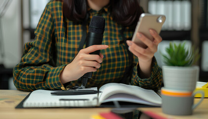 Fototapeta premium Female journalist with microphone, notebook and phone in office,