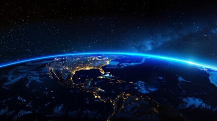Fototapeta premium View of Earth from space at night showing city lights and a star-filled sky.