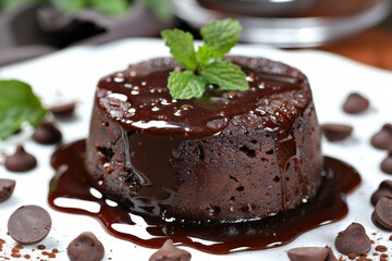 Elegant chocolate lava cake with mint garnish, capturing a rich and visually stunning dessert with exquisite textures and vibrant colors
