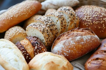 Close-up of a variety of fresh breads with different seeds and grains