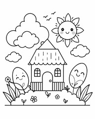 Black and white line drawing of a small house nestled in the middle of a forest. It conveys simplicity, peace and warmth. Suitable for teaching coloring for children. Or use it as a picture to decorat