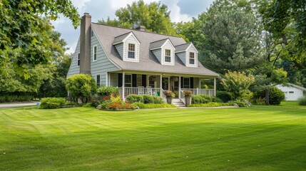 Illustrate a cozy, suburban home with a well-manicured lawn and welcoming front porch, capturing the essence of family living.