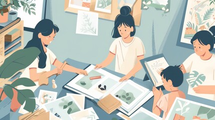 Obraz premium Illustrate a family creating a scrapbook for Mother's Day, filled with photos, memories, and notes of appreciation.