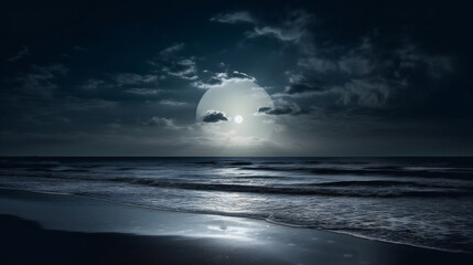 The moon shines on the sea, with light and shadow intertwined between it and the water's surface.