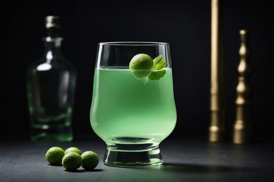 Modern Minimalism: a modern absinthe glass with a louche effect (where the absinthe turns milky) on a matte, black surface.