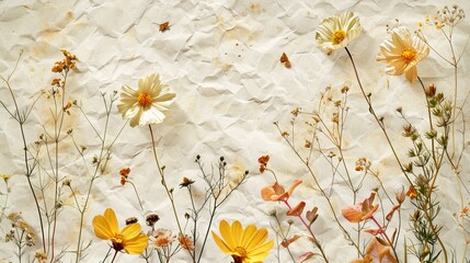 Illustrate a pressed flower paper texture, embedding delicate floral designs within the paper, ideal for nature-inspired themes.