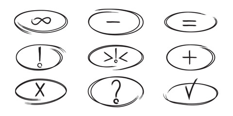  Hand-drawn mathematical and punctuation Symbols: A collection of black hand-drawn symbols encased in dynamic oval shapes, featuring mathematical operations and punctuation marks like infinity.