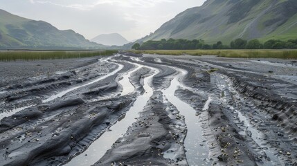 A closeup shot of a smooth valley floor with long winding tracks marking the path of the sailing stones.