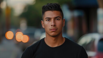 Young handsome latino or hispanic brutal model man in black t-shirt mockup walking on evening street looking at camera