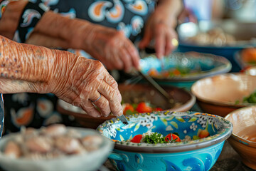 Elderly individuals participating in local cooking class or market visit