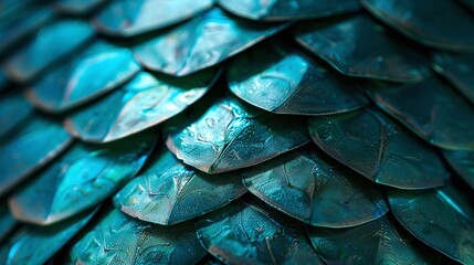 Fototapeta premium Texture of green forest dragon or mermaid scales close up, shiny crystal green blue metallic gorgeous colorful fantasy scales backgrounds