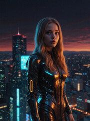 Futuristic Woman with Neon Face Markings in Cyberpunk Cityscape at Dusk