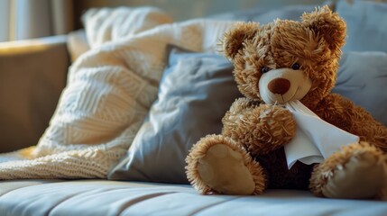 A brown teddy bear on a sofa wiping its nose with a white napkin