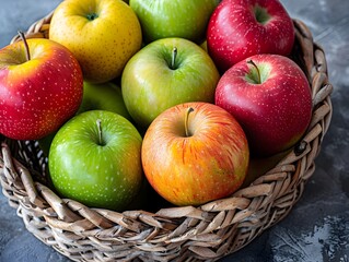 Vibrant Assortment of Fresh Apples in a Woven Basket