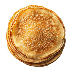 A stack of golden, fluffy pancakes isolated on a white background, showcasing their texture and delicious appeal.