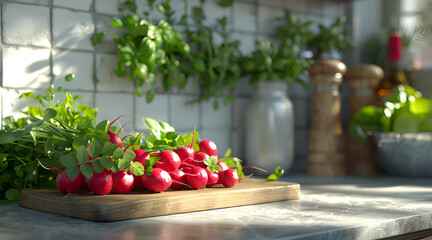 Radishes and Herbs on the Kitchen Counter