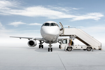 Front view of the white passenger aircraft with air stairs isolated on bright background with sky