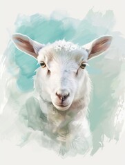 A cute sheep portrait with a soft pastel background in the style of a watercolor illustration. Simple lines and delicate brushstrokes in a minimalist style similar to children's book illustrations. 
