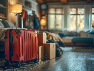 Young Student Packing Suitcase and Boxes in Dorm Room, Moving to New Apartment - Realistic Digital Illustration with High Resolution Detail