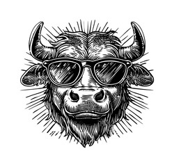 Obraz premium bull, wears black framed eyeglasses engraving black and white outline