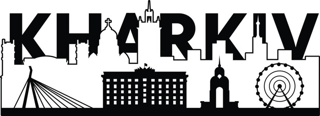 Kharkiv city skyline outline logo vector print Ukraine architecture landmarks