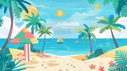 Obraz premium beach scene flat design front view theme vacation cartoon drawing vivid