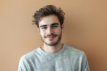 A close up portrait of a young man with a subtle smile