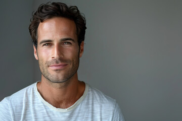 A close up portrait of a young man with a subtle smile