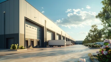 Obraz premium Modern logistic centre warehouse outdoor exterior on sunny day distribution centre advertising campaign